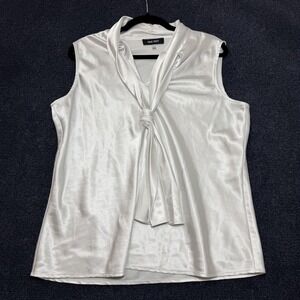 Nine West Blouse Womens Large White Satin Tie Neck Sleeveless Career Top